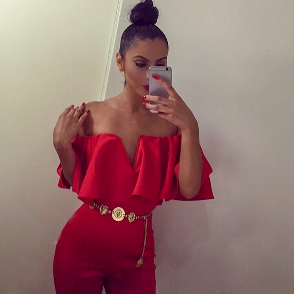 Adorable red off the shoulder jumpsuit !